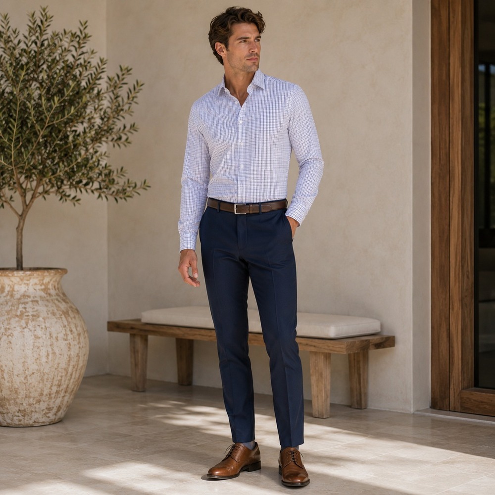 MIZZEN + MAIN Leeward Mens Dress Shirt Check MEDIUM Trim Fit Blue L-10009